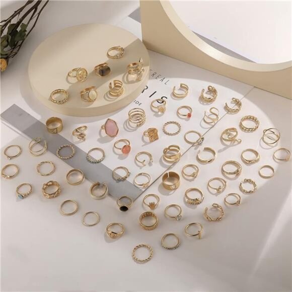 60 Pcs Gold Stacks Ring Sets for Women Non Tarnish,Dainty Vintage Stackable Ring - Picture 7 of 8